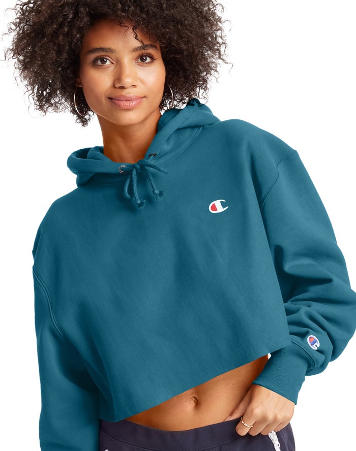 Champion Reverse Weave Cropped Cut-Off C Logo Kadın Kapşonlu Sweatshirt Mavi ( TGMBYN530 )